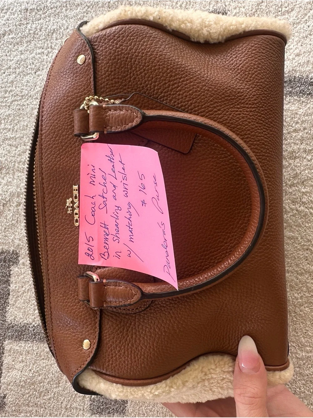 Coach Chestnut Brown Pebbled Leather Satchel with Shearling Trim